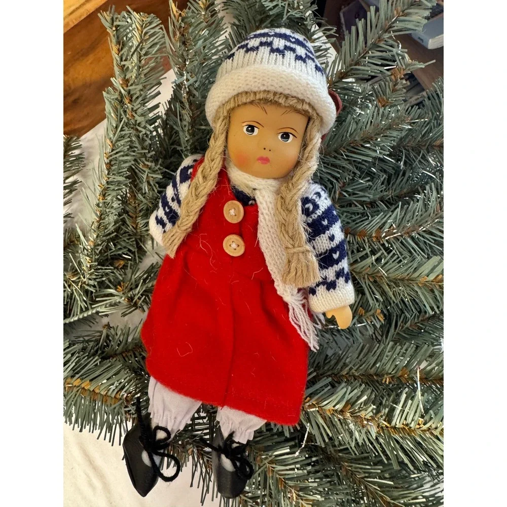 Vtg Bisque Scandinavian Girl Doll Norway Christmas Red Dress Knit Cap Wood Skiis